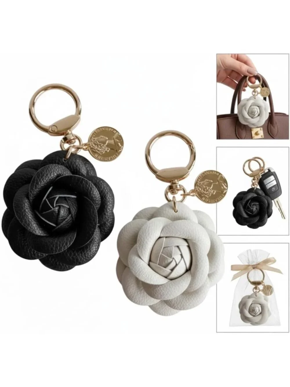 Set of 2 Leather Flower Bag Charms - Cute Rose Purse Accessories & Keychains